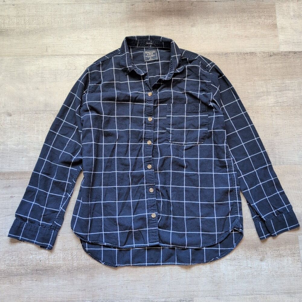 Abercrombie Fitch M Women Shirt Button Boyfriend Long Sleeve Collared Plaid Blue